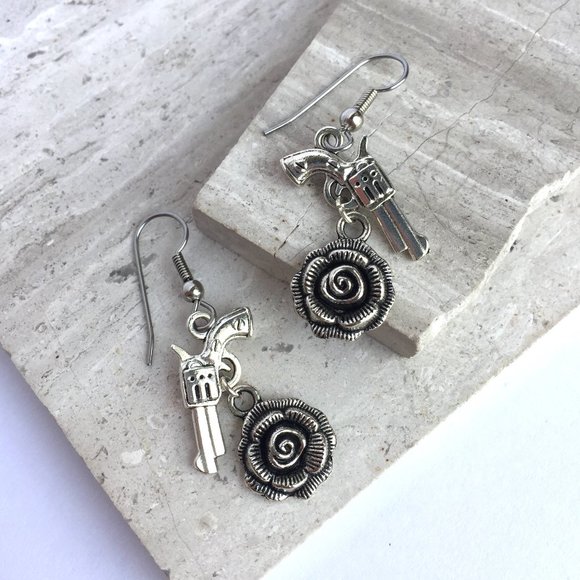 Silver Guns & Roses Earrings - Picture 2 of 3
